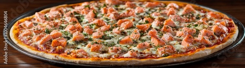 The scene has a plate of fish pizza on a modern table, a Golden Ratio, lighting studio light, lunch, and a Fusion Restaurant.