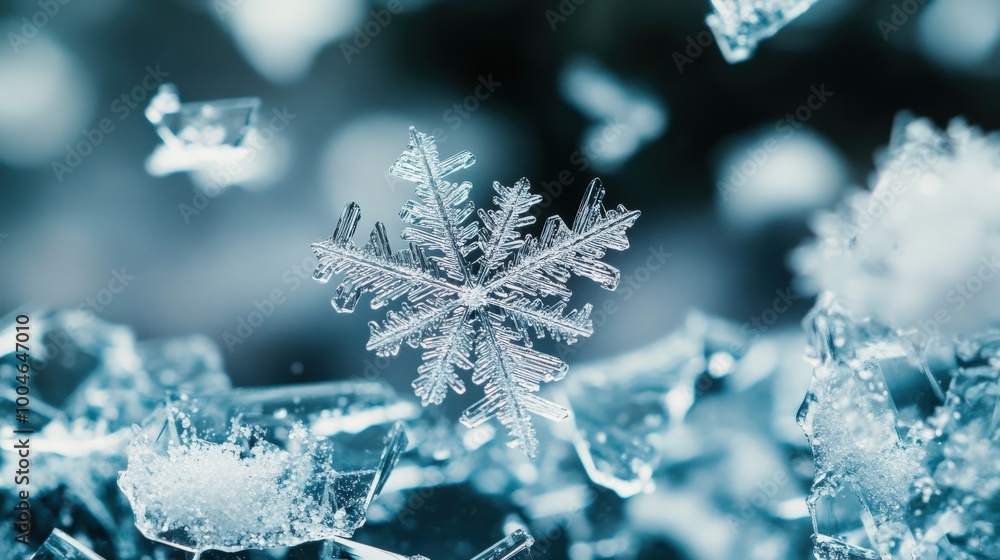 Delicate snowflakes fall gracefully onto icy surfaces, forming a stunning natural display during a serene winter day in a snowy landscape Delicate snowflakes fall gracefully onto icy surfaces, forming a stunning natural display during a serene winter day in a snowy landscape