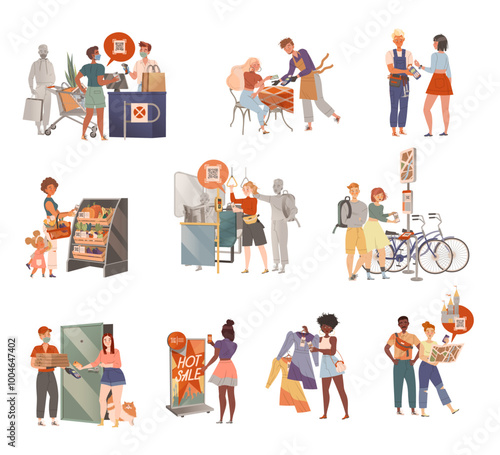 People Character Do Payment Cashless with Credit Card and Gadget Vector Set