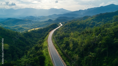 Road carving path through mountains and dense jungle image