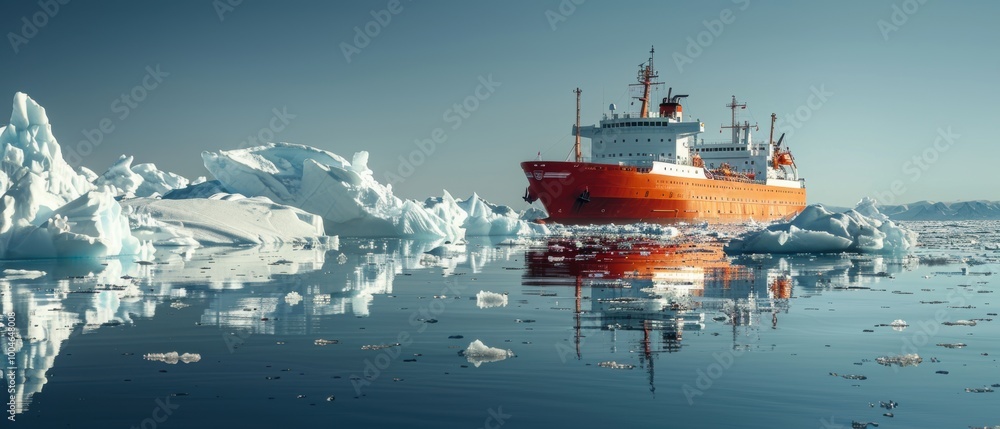 Obraz premium Oil Tanker Amidst Icebergs in Calm Waters