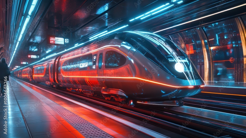 Cyberpunk modern fast train with future technology stops at the station background wallpaper AI generated image Cyberpunk modern fast train with future technology stops at the station background wallpaper AI generated image