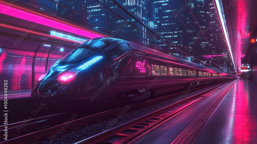 Fototapeta premium Cyberpunk modern fast train with future technology stops at the station background wallpaper AI generated image
