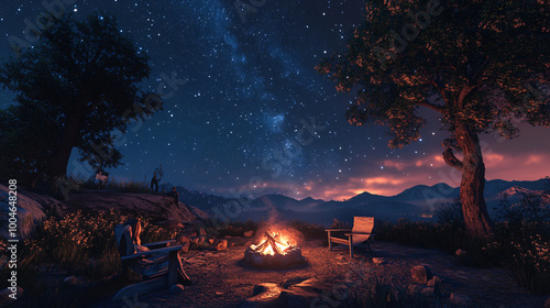 A heartwarming scene of a campfire with friends, showcasing laughter and joy under the starry night sky.