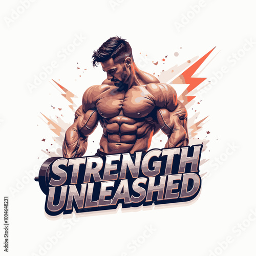 Motivational Gym Theme t shirt, poster, greetings card, logo, mug print vector design.  Strength Unleashed quote typography, calligraphy with gym boy illustration