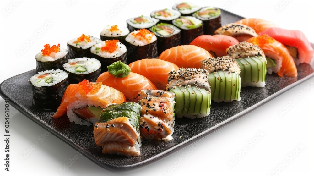Artful display of sushi including cucumber rolls, dragon rolls, and avocado maki on a sleek black plate, set against a clean white backdrop Artful display of sushi including cucumber rolls, dragon rolls, and avocado maki on a sleek black plate, set against a clean white backdrop