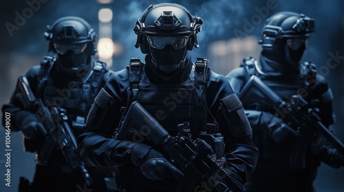 Elite tactical unit with advanced equipment. Special forces, SWAT team with future gear. Police operation, the fight against terrorism concept.