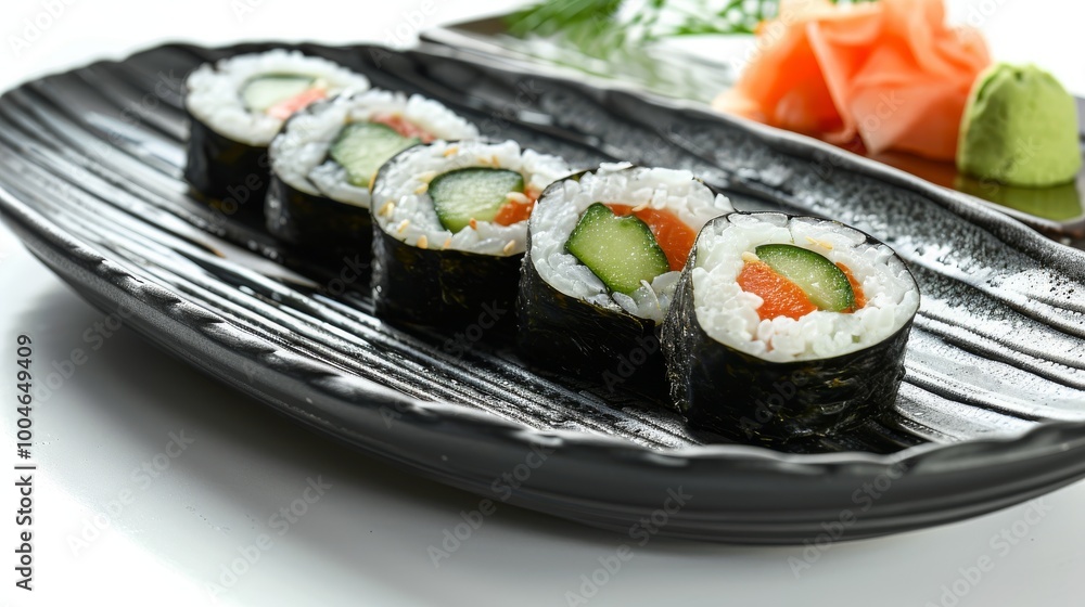 Artful display of sushi including cucumber rolls, dragon rolls, and avocado maki on a sleek black plate, set against a clean white backdrop Artful display of sushi including cucumber rolls, dragon rolls, and avocado maki on a sleek black plate, set against a clean white backdrop