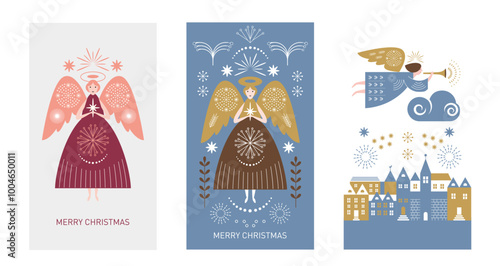set of vector illustration Christmas Angels, vertical format