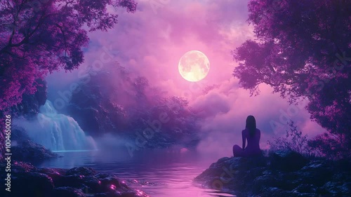 Enchanting Moonlit Forest with Waterfall Seamless Looping Video Background