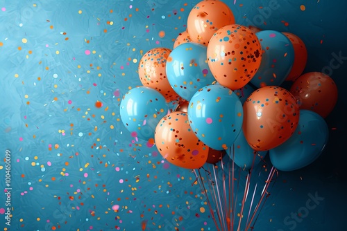 Bunch of orange and blue balloons with confetti falling around them with copy space