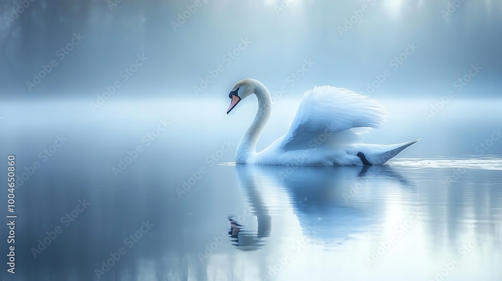 Fototapeta premium A single white swan on a still lake, surrounded by fog.