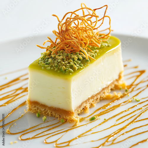 Cheesecake Slice with Pistachio Sauce and Kataifi Topping
