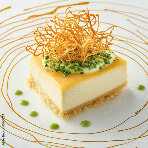 Cheesecake Slice with Pistachio Sauce and Kataifi Topping photo