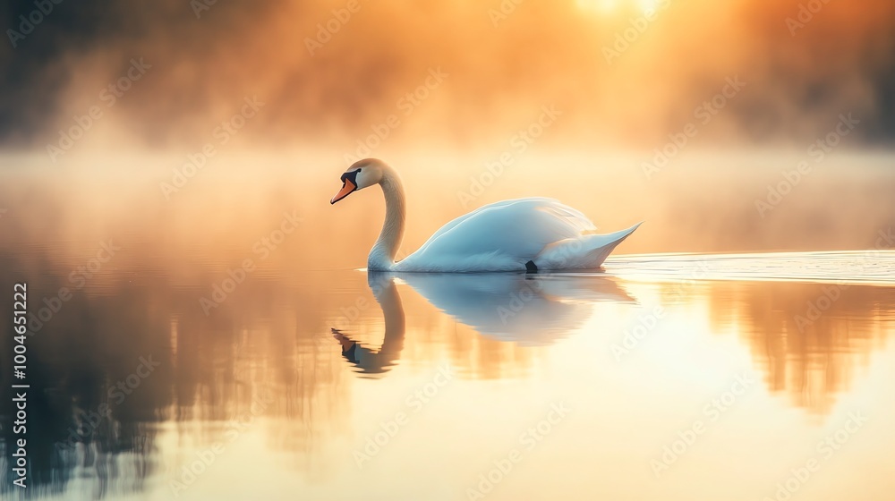 Fototapeta premium A graceful swan swims through calm, misty water at sunrise.