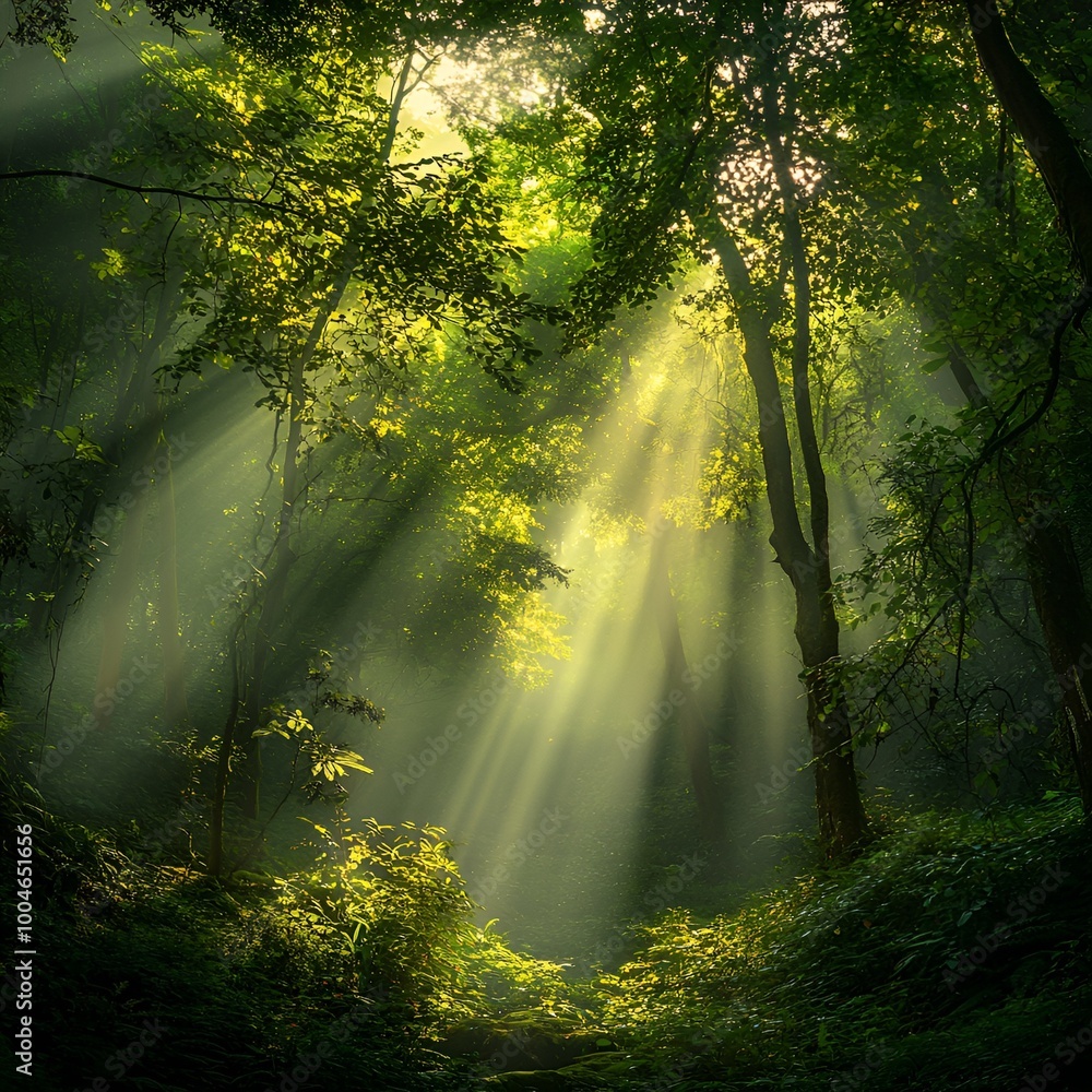 Fototapeta premium Lush Green Forest with Sunbeams