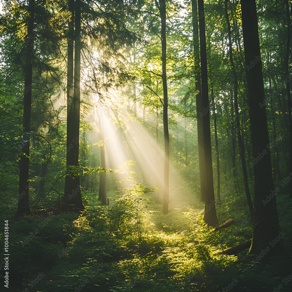 Fototapeta premium Lush Green Forest with Sunbeams