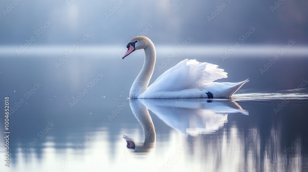 A graceful white swan swims on a tranquil lake. A graceful white swan swims on a tranquil lake.