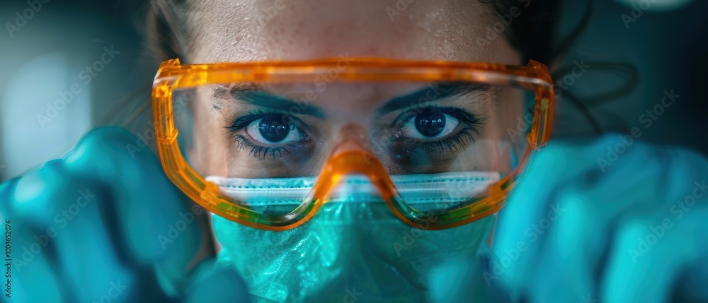 Researcher Wearing Safety Goggles for Laboratory Work Researcher Wearing Safety Goggles for Laboratory Work