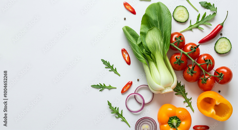 Fresh vegetables and healthy food arrangement on white background with vibrant colors and natural styling Fresh vegetables and healthy food arrangement on white background with vibrant colors and natural styling