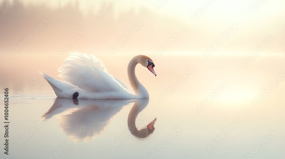 Obraz premium A single white swan swims in a serene lake at sunrise, its reflection mirrored in the still water.