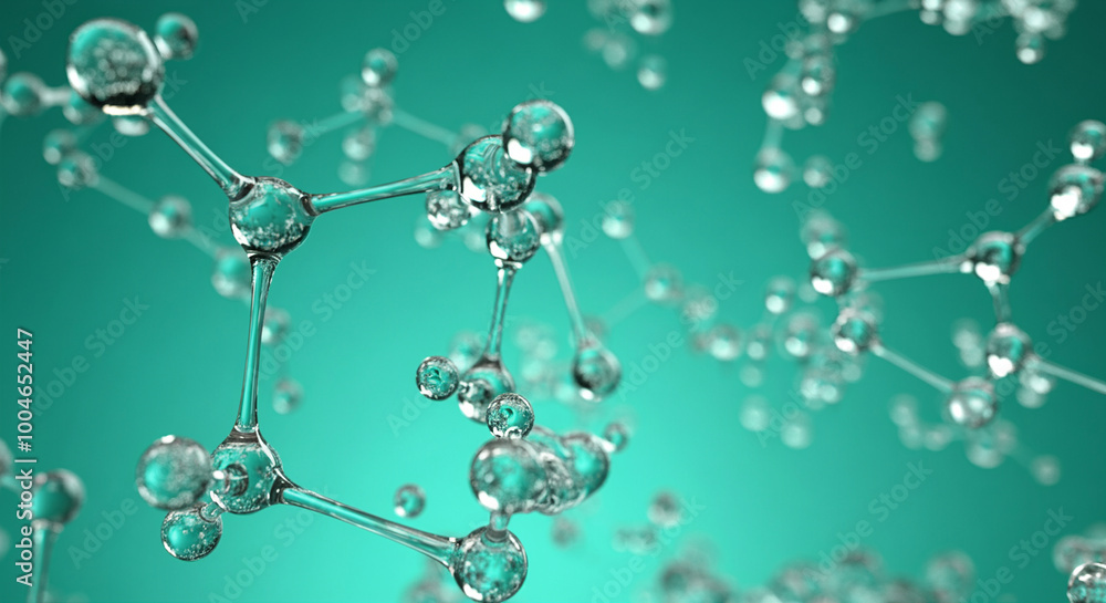 Molecules in science on a teal background with transparent spheres and detailed structures Molecules in science on a teal background with transparent spheres and detailed structures