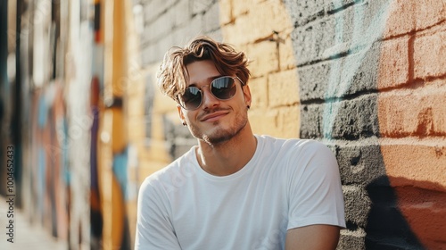 Portrait of handsome smiling stylish hipster lambersexual model.Man dressed in white T-shirt. Fashion male posing on the street background in sunglasses outdoors  photo