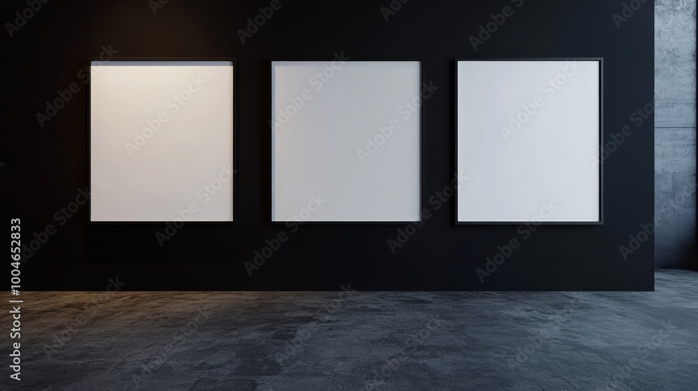 A minimalist art gallery featuring three empty frames on a dark wall. A minimalist art gallery featuring three empty frames on a dark wall.