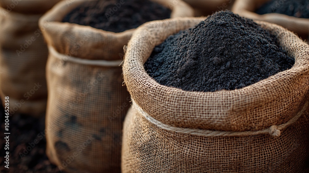 Obraz premium showcasing burlap sacks filled with rich peat soil, an essential material for plant nutrition and soil conditioning, perfect for gardening, horticulture, and sustainable farming