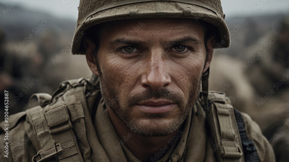 A close-up portrait of a soldier, with fear, pride, and determination in his eyes as he faces the war A close-up portrait of a soldier, with fear, pride, and determination in his eyes as he faces the war