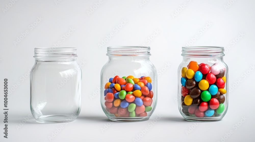 Three glass jars sit on a white background. One jar is empty, another is half full, and the last one is overflowing with colorful candies. Three glass jars sit on a white background. One jar is empty, another is half full, and the last one is overflowing with colorful candies.