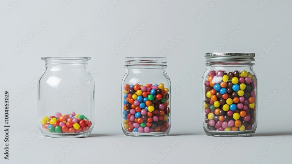 Three glass jars sit on a white background. One jar is empty, another is half full, and the last one is overflowing with colorful candies. Three glass jars sit on a white background. One jar is empty, another is half full, and the last one is overflowing with colorful candies.