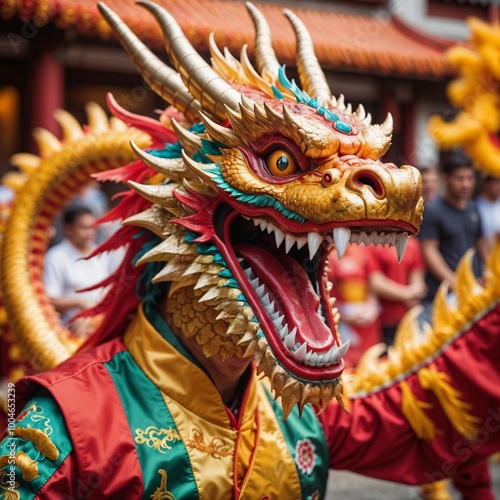 Close-up of dragon dancer in vibrant costume during festival celebration with excited audience