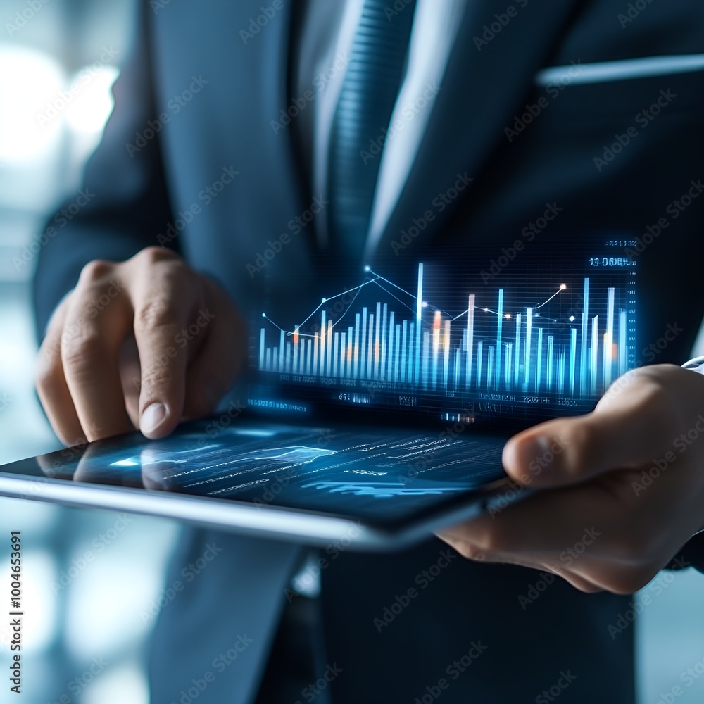 Businessman Using Digital Tablet with Holographic Charts Businessman Using Digital Tablet with Holographic Charts