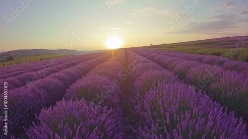 Sun sets over vibrant lavender fields in full bloom, creating a picturesque landscape at golden hour in Provence