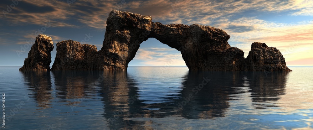 Fototapeta premium A striking rock arch stands prominently above tranquil water, with vibrant colors illuminating the sky at sunset