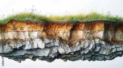 detailed cross-section showing soil layers and grass on top, focusing on soil composition, structure, and the role of underground layers in supporting plant life photo