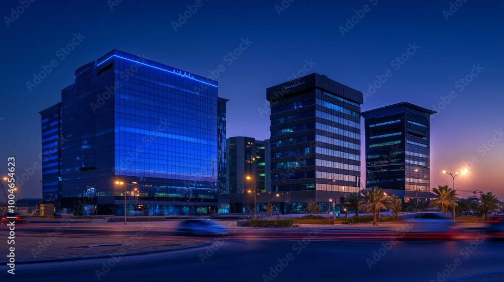 Riyadh, Saudi Arabia, Jul-12-2023, the KAFD buildings in blue hour. Riyadh, Saudi Arabia, Jul-12-2023, the KAFD buildings in blue hour.