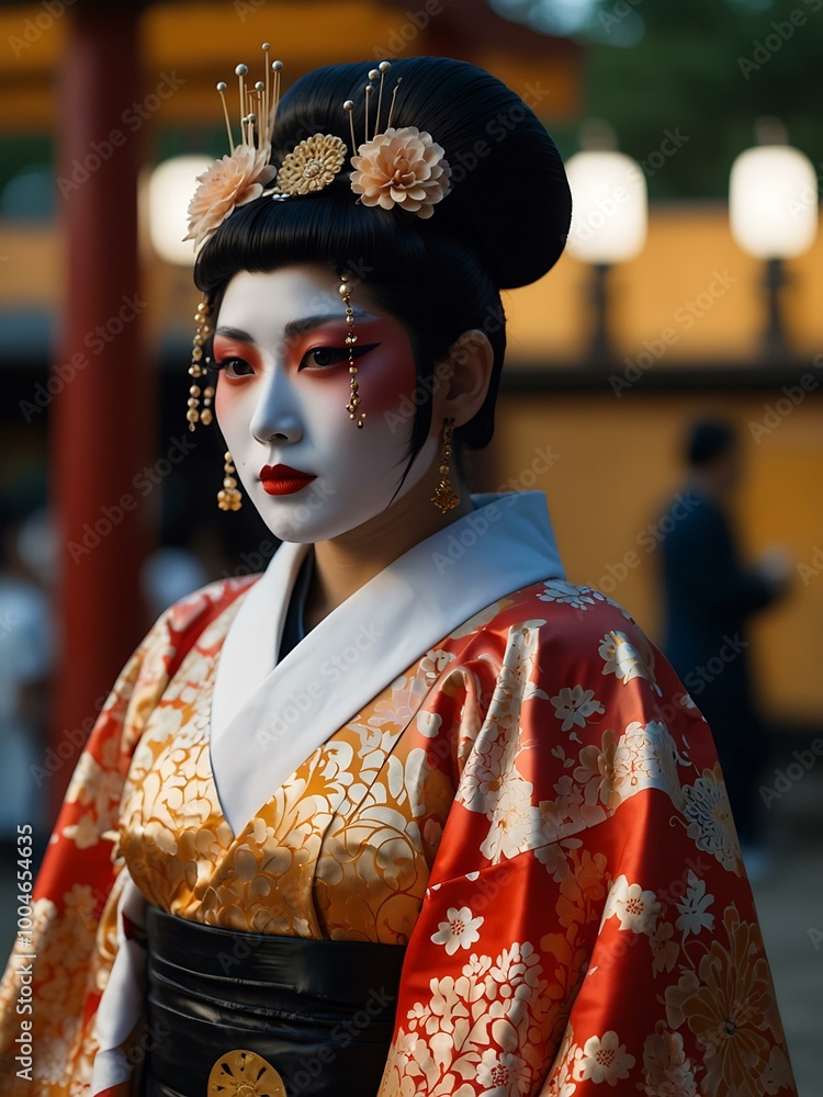 Enigmatic performer in an elaborate Japanese festival costume. Enigmatic performer in an elaborate Japanese festival costume.