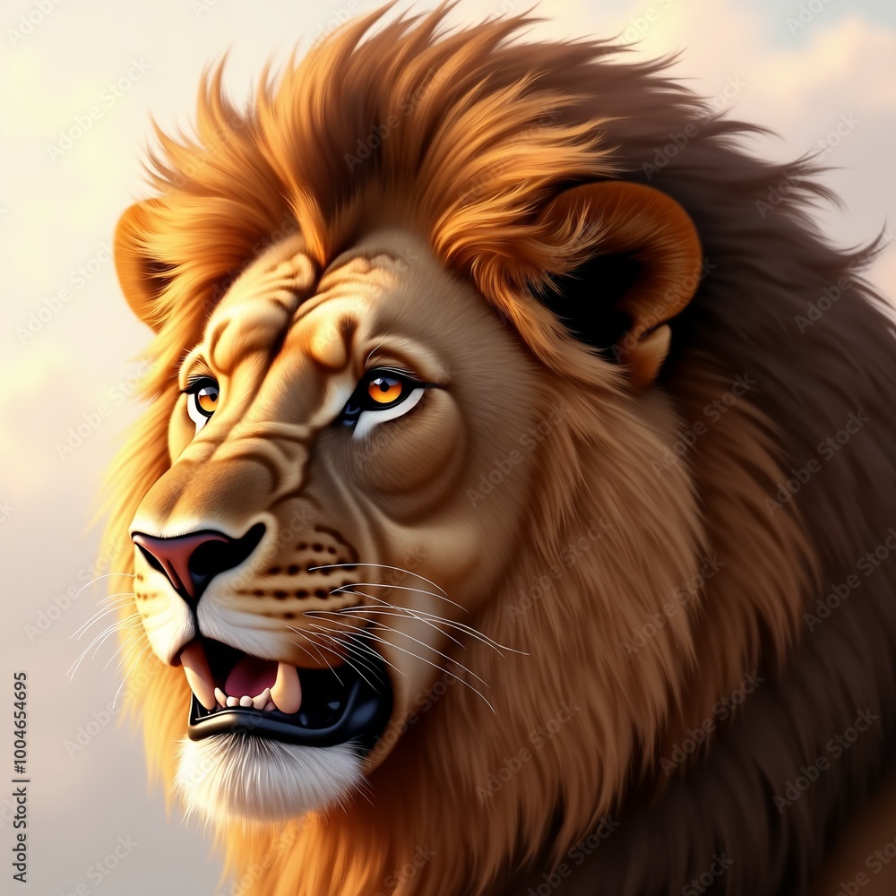 Fototapeta premium Majestic close-up portrait of a lion gazing into the distance with a powerful expression