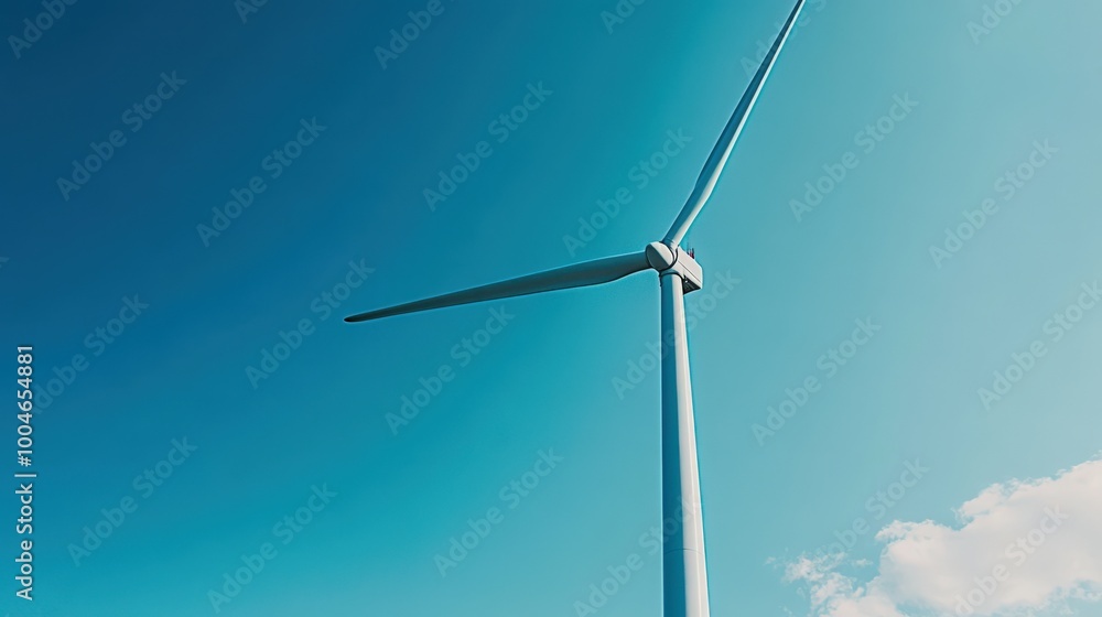 A large, white wind turbine against a bright blue sky on a clear day. A large, white wind turbine against a bright blue sky on a clear day.