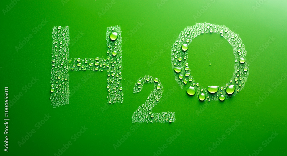 Water droplets on green background with H2O inscription and refreshing liquid texture Water droplets on green background with H2O inscription and refreshing liquid texture