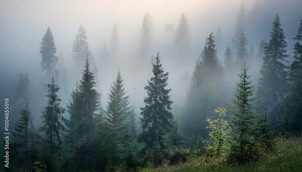 Misty forest with tall trees Misty forest with tall trees