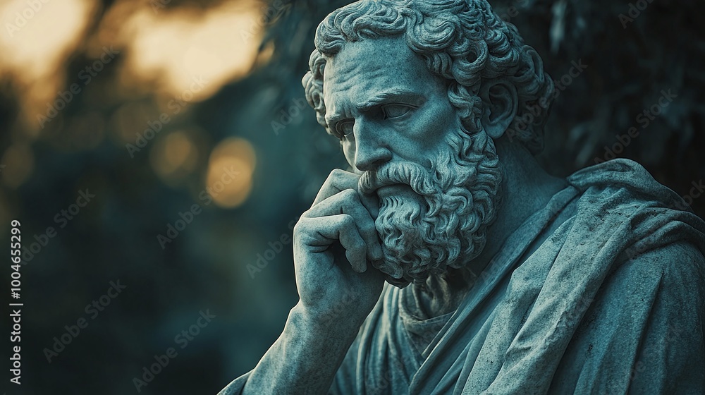 ancient wisdom embodied in a greek philosopher statue, with a thoughtful expression, symbolizing knowledge, intellectual exploration, and the philosophical tradition ancient wisdom embodied in a greek philosopher statue, with a thoughtful expression, symbolizing knowledge, intellectual exploration, and the philosophical tradition
