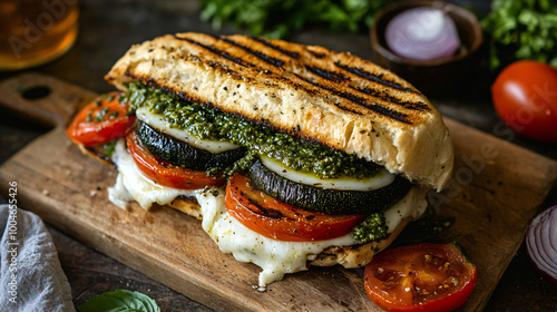 A grilled vegetable sandwich with pesto and mozzarella cheese.