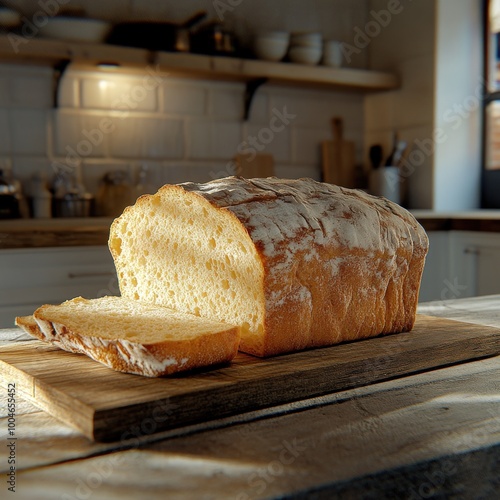 Freshly baked loaf of white bread on a wooden cutting board in a cozy kitchen setting.