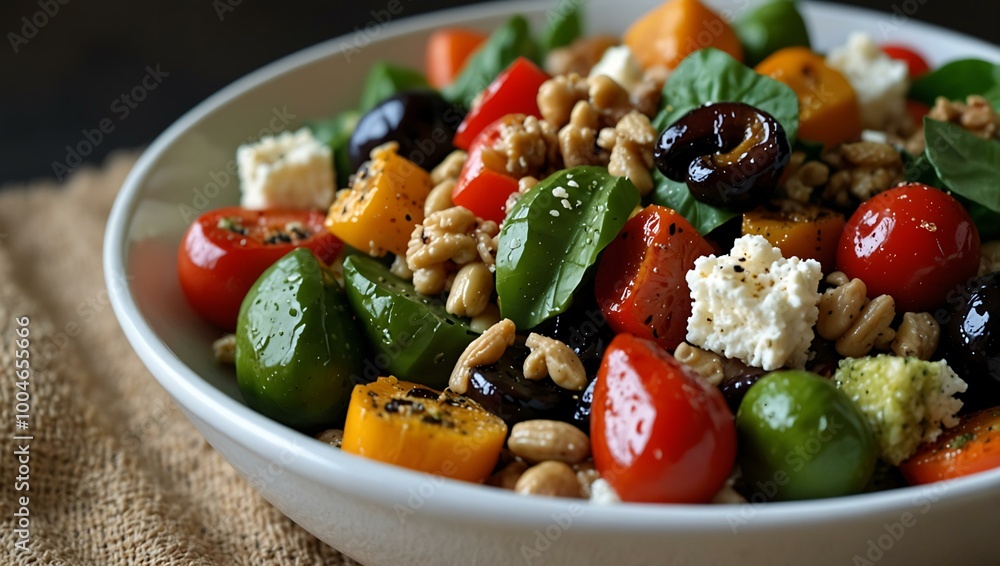 Farro salad with roasted veggies, olives, and feta in tangy vinaigrette. Farro salad with roasted veggies, olives, and feta in tangy vinaigrette.