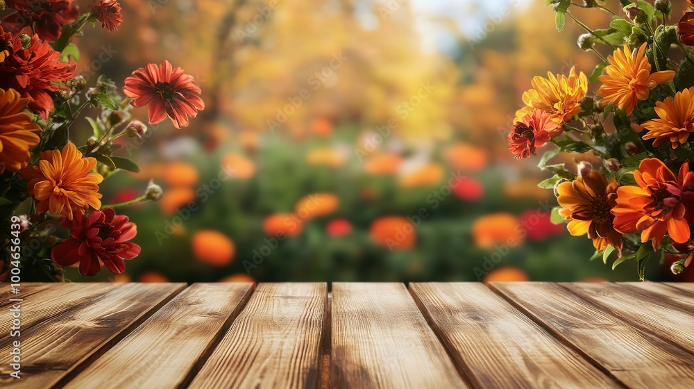 Fototapeta premium Autumn flowers Empty wooden table against blurred background , front view, mockup