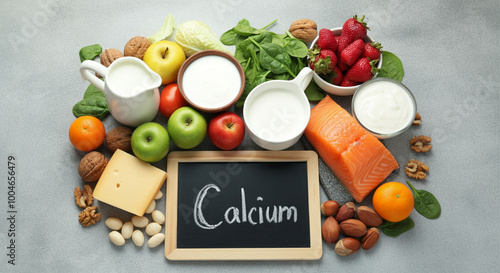 Variety of food items featuring calcium-rich ingredients like dairy fruits and vegetables arranged on a table