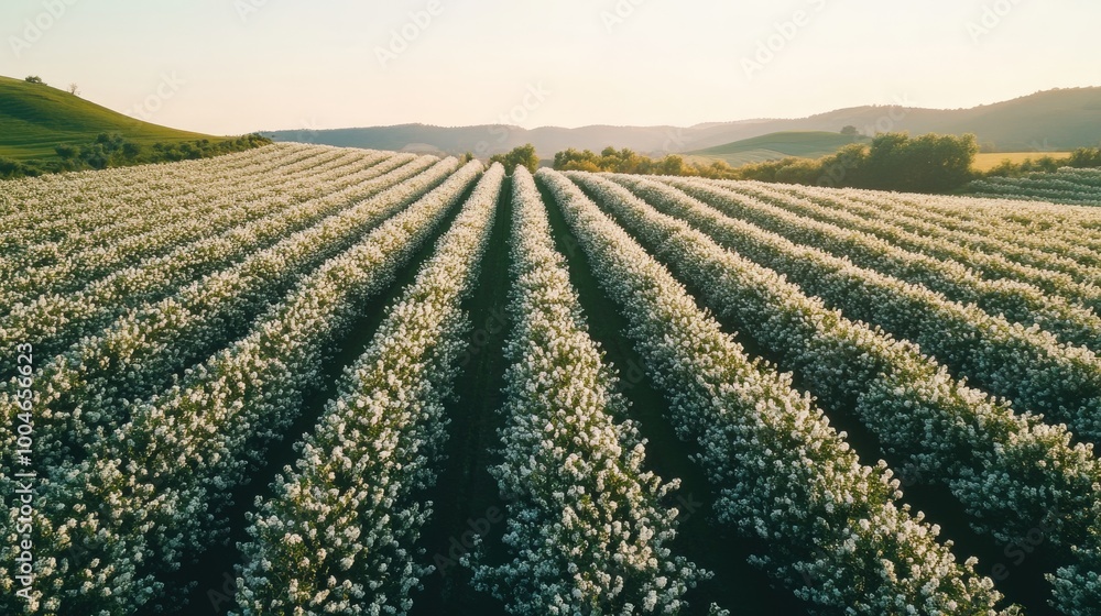 Aerial view of a blooming orchard during sunset with rows of white flowers extending into the distance. Aerial view of a blooming orchard during sunset with rows of white flowers extending into the distance.